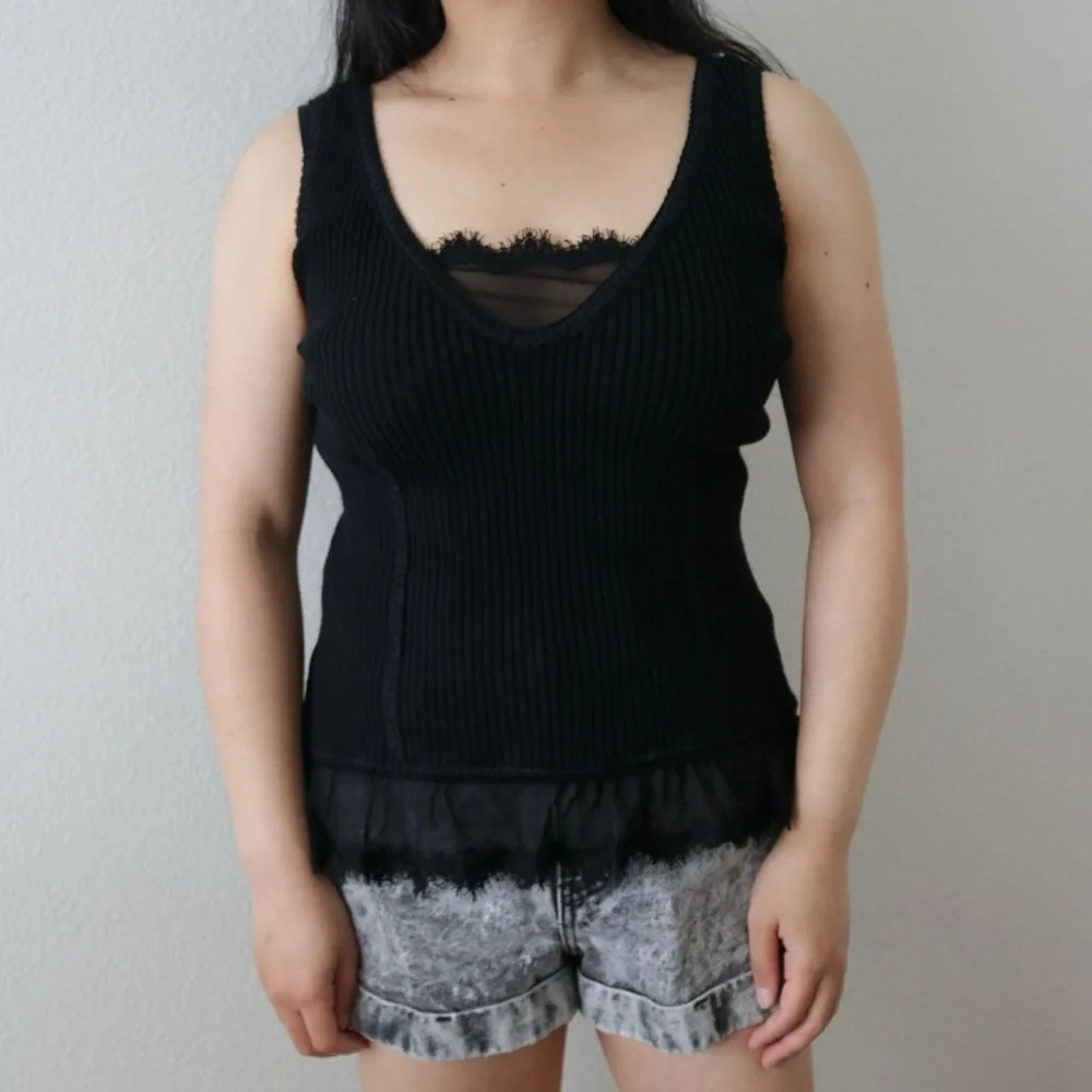 Black ribbed tank top with mesh lace detail - Picture 4 of 5